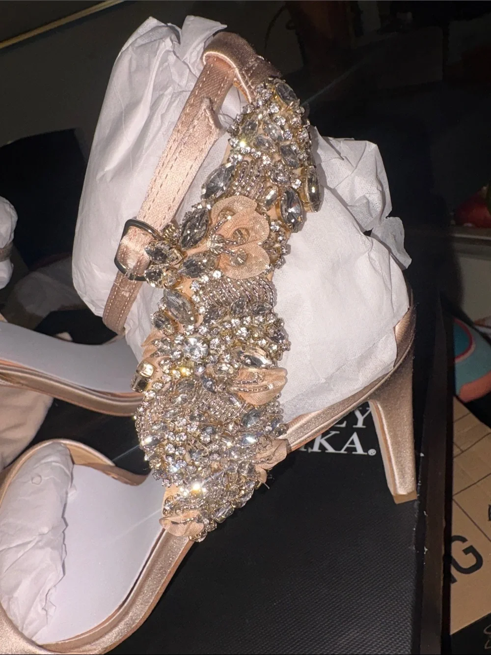 Badgley Mischka Rose Gold Crystal-Embellished Ankle-Strap Heels